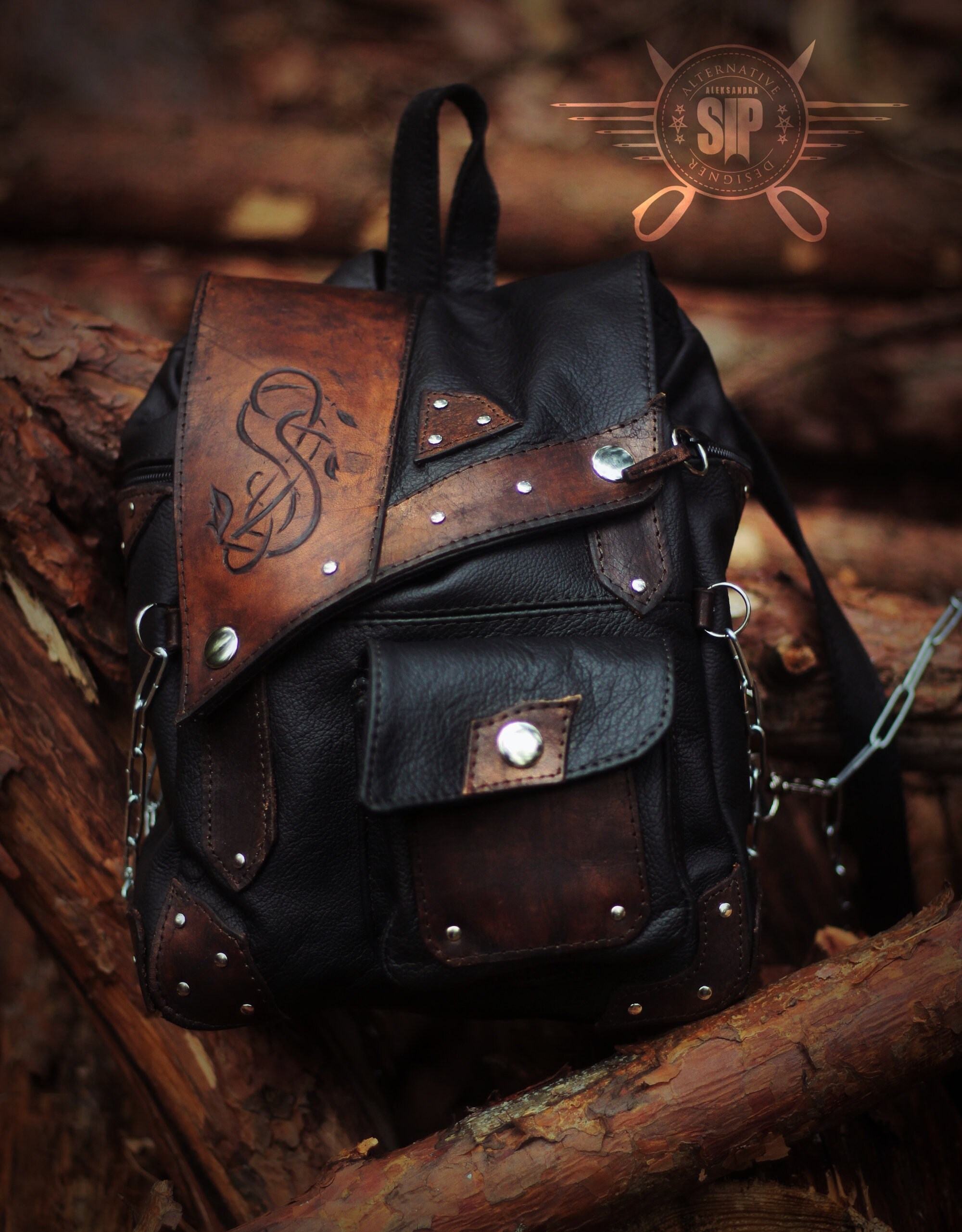 Brown & Black Backpack With Chains Rivets Studs Ornamental Etsy