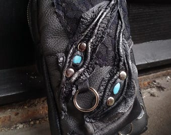 Gothic Leather Phone Pouch iPhone Bag Handmade Leather Phone Case Dark Luxury Phone Studded - Gray and Black