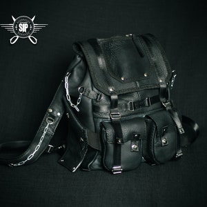 Black leather backpack in techwear, military style, alternative, grunge, metalhead, cosplay, larp,