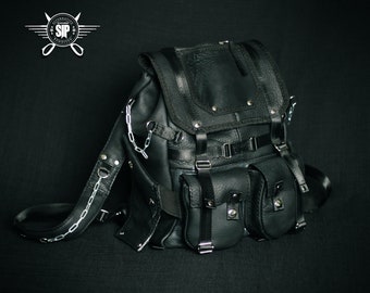 Black leather backpack in techwear, military style, alternative, grunge, metalhead, cosplay, larp,