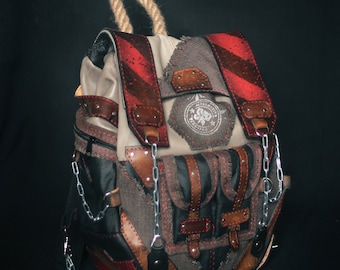 Post-apocalyptic genuine leather grey, black and red backpack; rugged, handmade, grunge