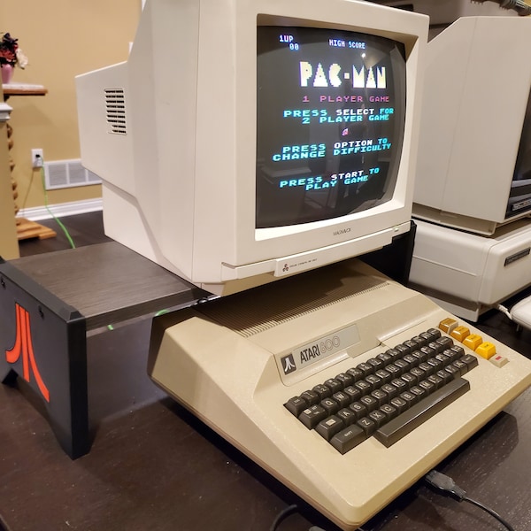 Retro Computer Monitor stand /display shelf with logo. Commodore, Atari, Apple, Tandy, TRS-80, Nintendo, X-Box, Playstation & Tux from Linux