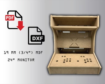 May include: A wooden arcade cabinet kit designed for a 24-inch monitor. The kit is constructed from 19mm MDF and comes with assembly instructions. The cabinet features a shelf for a monitor and a control panel with holes for buttons and joysticks. The kit is available in PDF and DXF formats.