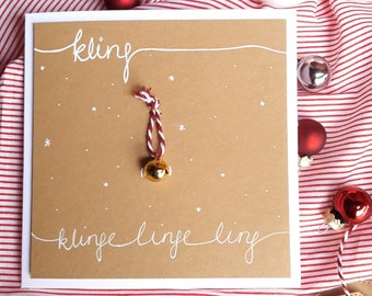 Christmas card handmade | 3D card with bells, snowflakes, hand lettering bell in gold with red white, kraft paper, copper