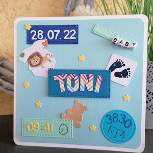 Karte zur Geburt personalisiert & handgemacht | Babykarte in blau mit Name Gewicht Uhrzeit Datum Würfelperlen, 3D Willkommensgruß, Junge