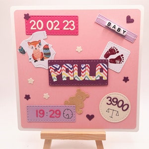 Karte zur Geburt Mädchen handgemacht & personalisiert | Babykarte in rosa mit Name Gewicht Uhrzeit Datum Würfelperlen, 3D Willkommensgruß