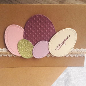 Easter card with colorful Easter eggs in berry, cream, green handmade in 3D with jute ribbon and lace, sustainable image 2