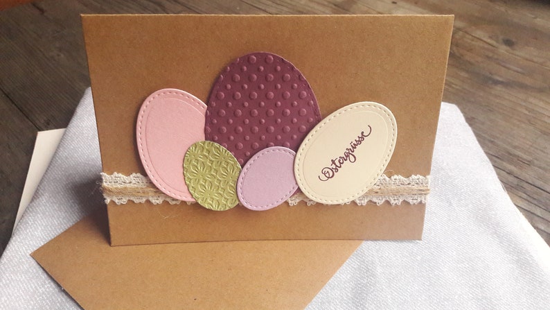 Easter card with colorful Easter eggs in berry, cream, green handmade in 3D with jute ribbon and lace, sustainable image 2