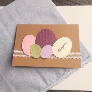 Easter card with colorful Easter eggs in berry, cream, green handmade in 3D with jute ribbon and lace, sustainable image 7