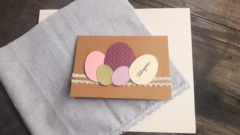 Easter card with colorful Easter eggs in berry, cream, green handmade in 3D with jute ribbon and lace, sustainable image 7