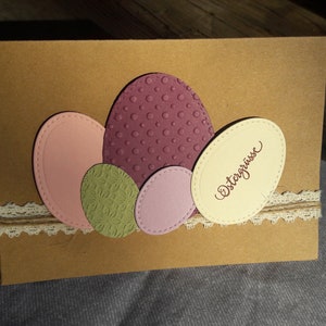 Easter card with colorful Easter eggs in berry, cream, green handmade in 3D with jute ribbon and lace, sustainable image 3