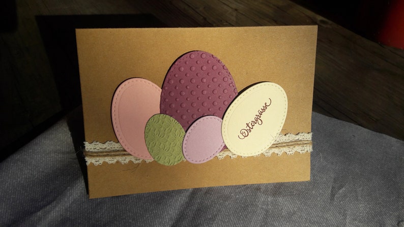 Easter card with colorful Easter eggs in berry, cream, green handmade in 3D with jute ribbon and lace, sustainable image 3