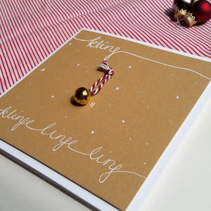 Christmas card handmade 3D card with bells, snowflakes, hand lettering bell in gold with red white, kraft paper, copper image 9