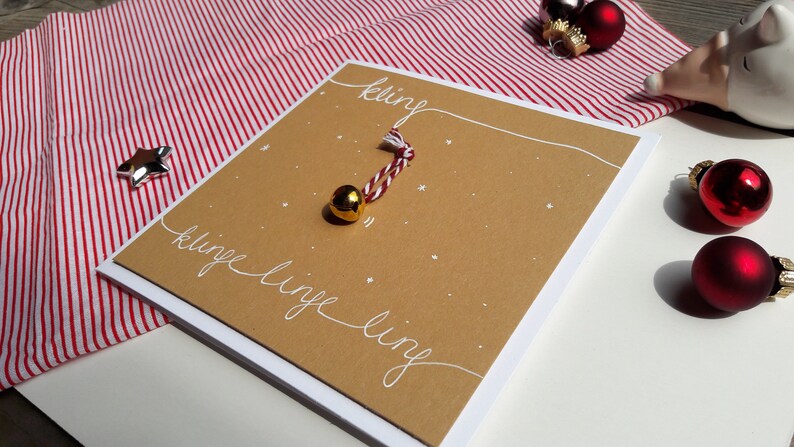 Christmas card handmade 3D card with bells, snowflakes, hand lettering bell in gold with red white, kraft paper, copper image 9