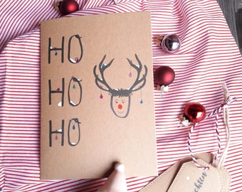 Christmas card Rudolph | handmade, HoHoHo, Rudolf, reindeer, deer, Christmas tree balls, antlers, snow