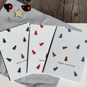 3er-Set Weihnachtskarten handgemacht mit Merry Christmas und Tannenbäume in blau-gold, grün-gold, rot-gold, minimalistisch