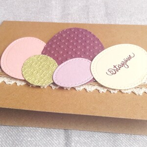 Easter card with colorful Easter eggs in berry, cream, green handmade in 3D with jute ribbon and lace, sustainable image 8