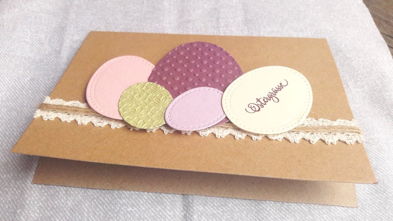 Easter card with colorful Easter eggs in berry, cream, green handmade in 3D with jute ribbon and lace, sustainable image 8