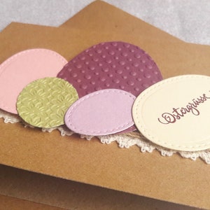 Easter card with colorful Easter eggs in berry, cream, green handmade in 3D with jute ribbon and lace, sustainable image 5