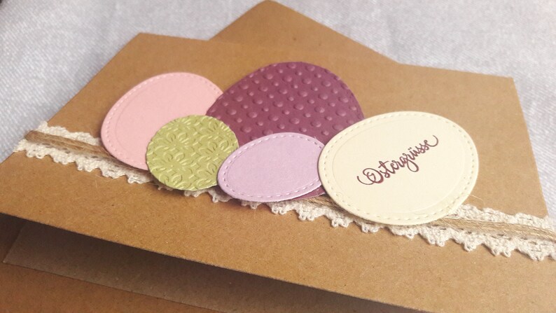Easter card with colorful Easter eggs in berry, cream, green handmade in 3D with jute ribbon and lace, sustainable image 5