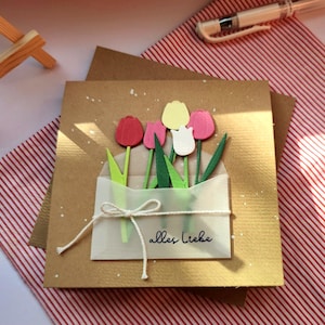 Geburtstagskarte mit Blumen im Umschlag handgemacht | 3D-Karte mit Tulpen, Muttertag, Hochzeitstag, Jubiläum, Jahrestag, Verlobung, Hochzeit