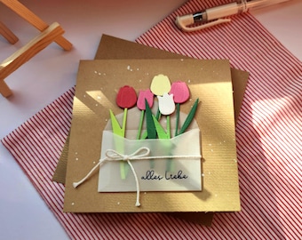 Geburtstagskarte mit Blumen im Umschlag handgemacht | 3D-Karte mit Tulpen, Muttertag, Hochzeitstag, Jubiläum, Jahrestag, Verlobung, Hochzeit