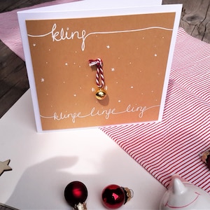 Christmas card handmade 3D card with bells, snowflakes, hand lettering bell in gold with red white, kraft paper, copper image 4