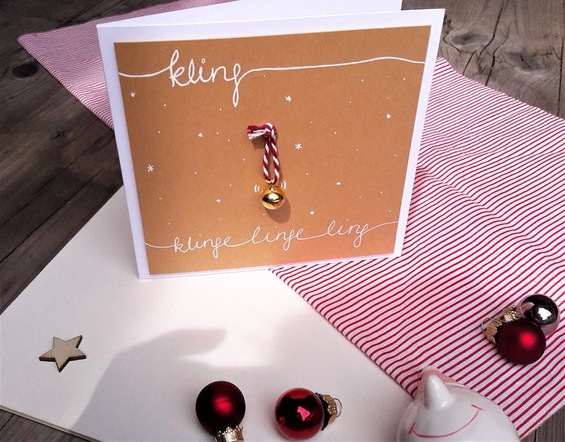 Christmas card handmade 3D card with bells, snowflakes, hand lettering bell in gold with red white, kraft paper, copper image 4