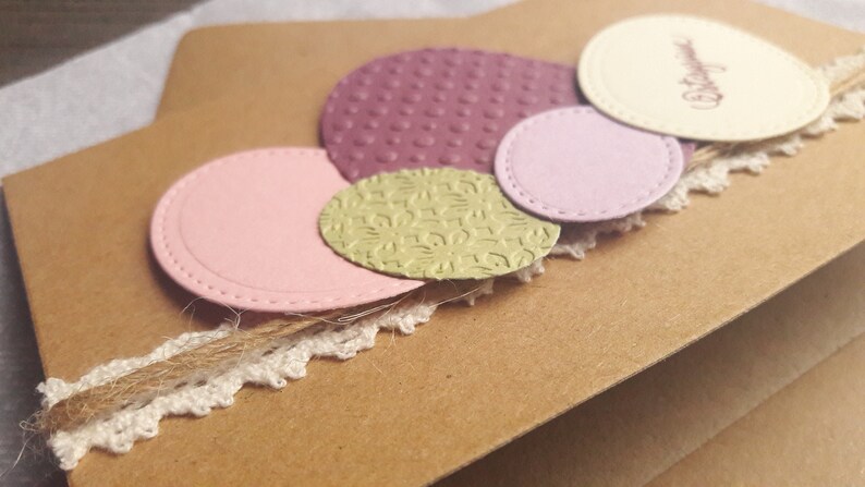 Easter card with colorful Easter eggs in berry, cream, green handmade in 3D with jute ribbon and lace, sustainable image 4