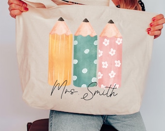Personalized Teacher Tote Bag, Natural Cotton Canvas, Pencil Design