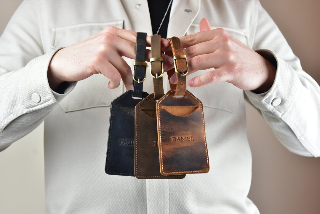 Personalized Leather Luggage Tag, Handmade Leather Name Tag for Travel