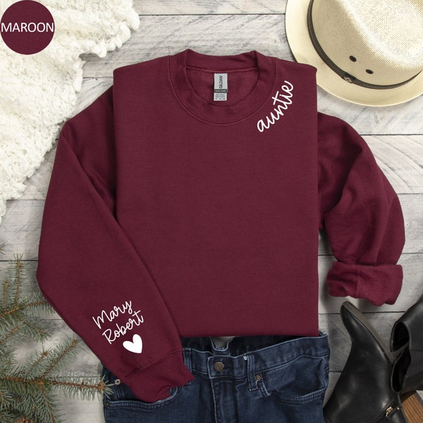 Custom Auntie Sweatshirt with Name on Sleeve Personalized Aunt Sweatshirt Minimal Collar Auntie Sweater Birthday Gift for Auntie to Sisters