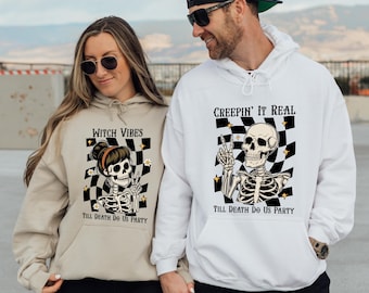 Matching Couple Halloween Sweatshirt, Funny Skeleton Couple Sweatshirts, Till Death Do Us Party Couples Gift Idea, Matching Skeleton Hoodies