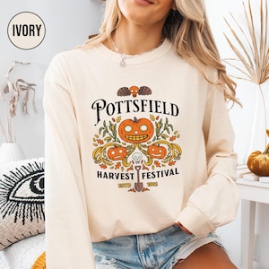 Pottsfield Harvest Festival Sweatshirt, Gift For Autumn Harvest Fall Sweater for Women,Halloween Pumpkin Skeleton Crewneck,Goth Festival Tee