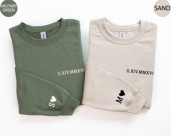 Custom Roman Numeral Sweatshirt With Initials Heart Personalized Valentines Day Couple Anniversary Gifts Roman Date Couples Matching Sweater