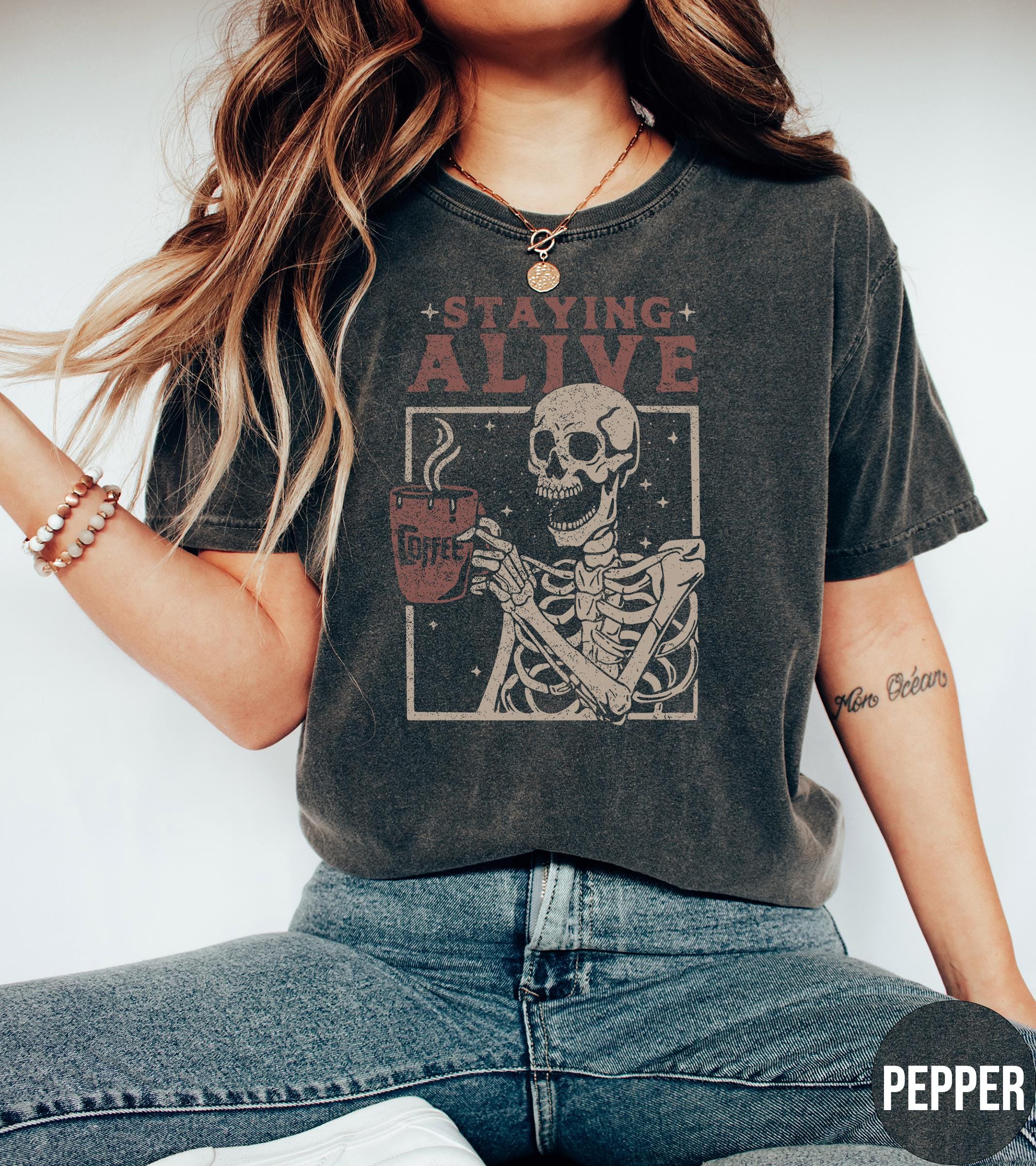 Staying Alive Shirt, Trendy Coffee Shirt, Funny Skeleton T-Shirt, Coffee Lovers Gift Skull retro Halloween Tshirt Women Comfort Colors Tee