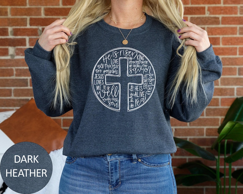 He Is Risen Sweatshirt, Easter Sweatshirt, Cross With Words Sweater, Jesus Lover Hoodie, Christian Cross Bible Verse Crewneck Sweatshirt image 2
