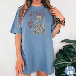 Staying Alive Shirt, Trendy Coffee Shirt, Funny Skeleton T-Shirt, Coffee Lovers Gift Skull retro Halloween Tshirt Women Comfort Colors Tee image 5