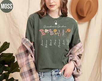 Grandma's Garden Shirt Comfort Colors Custom Birth Flower Tshirt Gift for Grandma Love Grows Here Mom's Garden Crewneck Mothers Day Gift