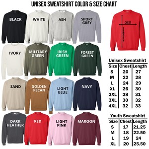 The image is a color and size chart for a collection of unisex sweatshirts, including various colors and sizes.