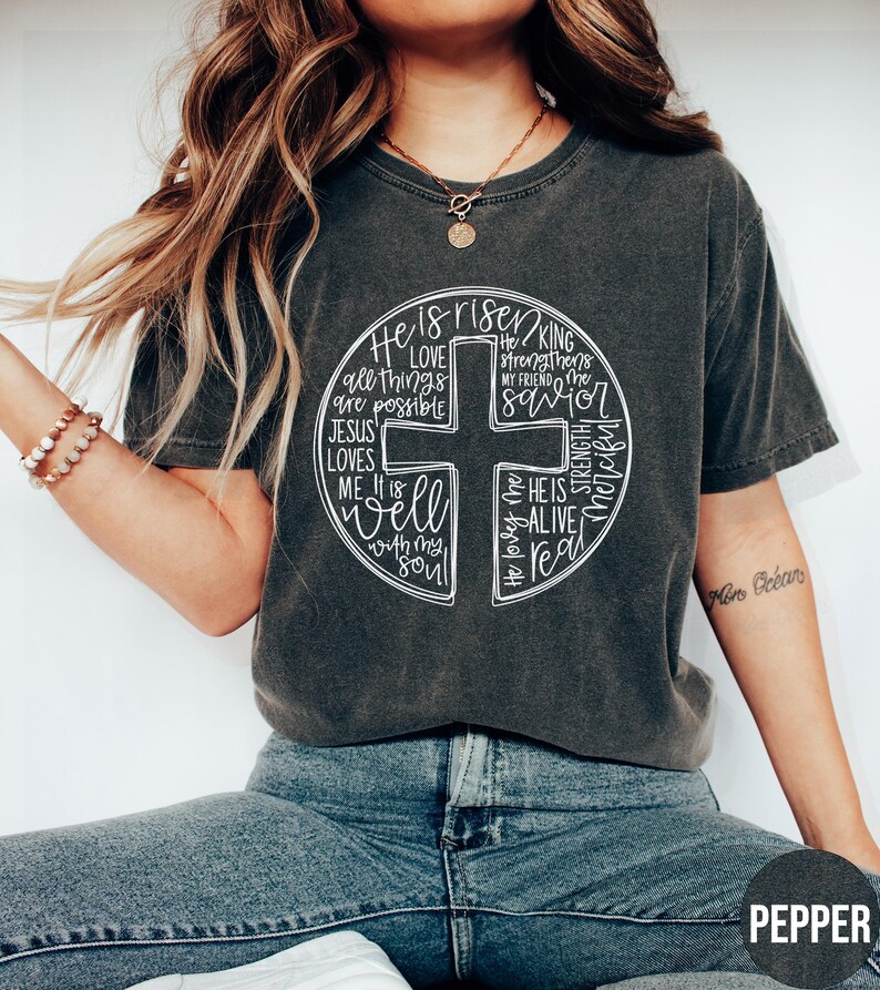He Is Risen Shirt, Comfort Colors Easter Tshirt, Cross With Words Shirt, Jesus Shirt, Christian Cross Crewneck, Bible Verse Tee, Easter Gift image 1