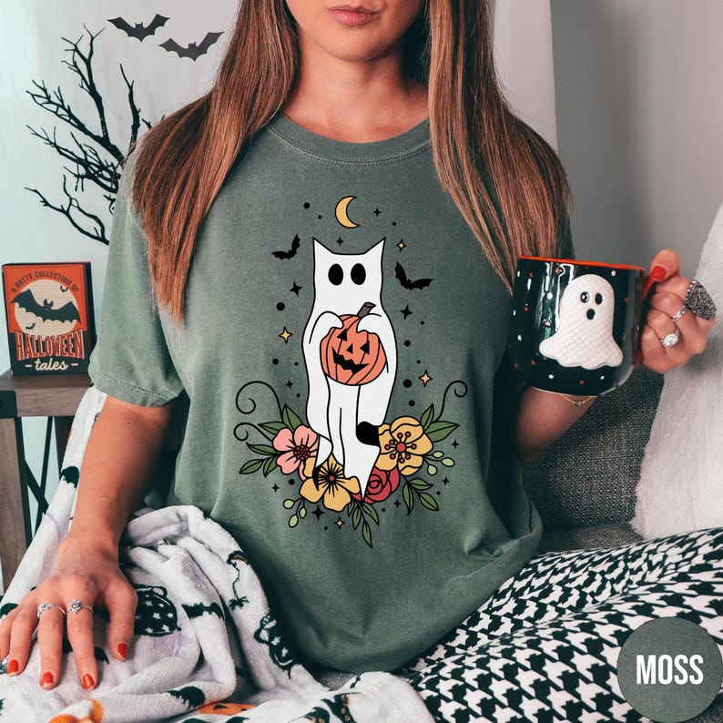 Floral Ghost Cat Shirt, Comfort Colors Halloween T-Shirt, Cute Floral Ghost Tee, Halloween Cat Tshirt, Spooky Season Crewneck, Cat Lovers image 3