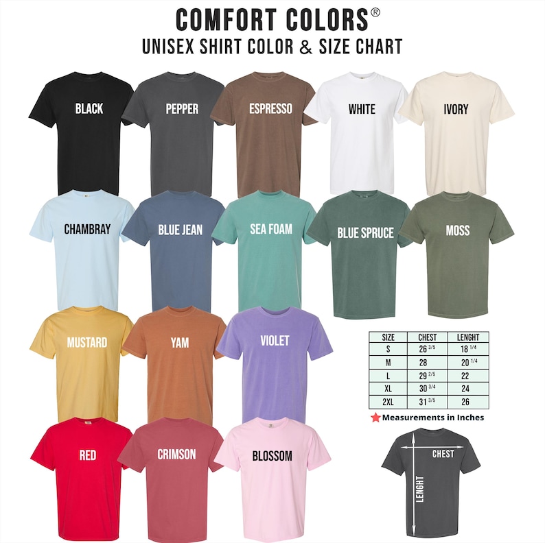 a collection of various t-shirt colors and sizes, including black, pepper, white, ivory, blue jeans, sea foam, blue sprudge, moss, mustard, yam, violet, and red. The image also includes a chart with measurements for each color and size, providing a visual guide for selecting the appropriate t-shirt based on one's size and preference.