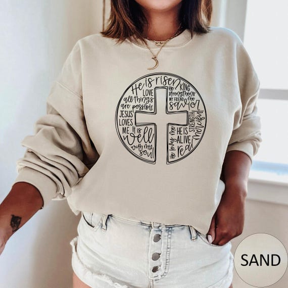 He Is Risen Sweatshirt, Easter Sweatshirt, Cross With Words Sweater, Jesus Lover Hoodie, Christian Cross Bible Verse Crewneck Sweatshirt