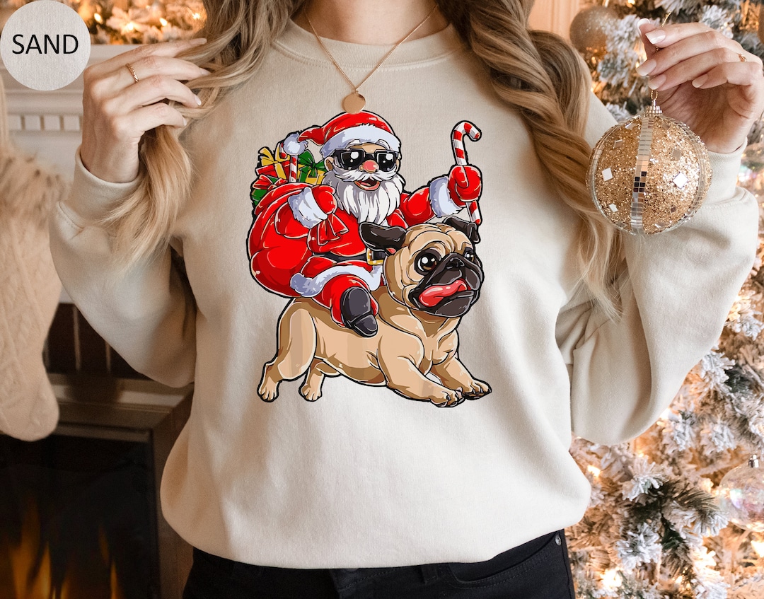 Retro Santa and Pug Christmas Sweater Secret Santa Sweatshirt Pug Mom