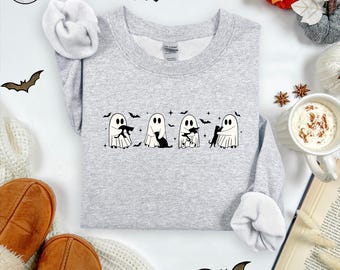 Black Cat & Ghost Sweatshirt, Funny Halloween Crewneck, Spooky Season Hoodie, Halloween Cat Sweater, Boo Sweatshirt, Spooky Vibes