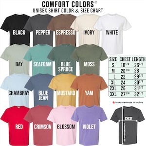 a variety of unisex t-shirt colors and sizes, including black, pepper, espresso, white, and other shades. The image also includes a size chart for the different t-shirt sizes, providing measurements for chest length, waist, and height.