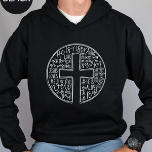 He Is Risen Sweatshirt, Easter Sweatshirt, Cross With Words Sweater, Jesus Lover Hoodie, Christian Cross Bible Verse Crewneck Sweatshirt image 3