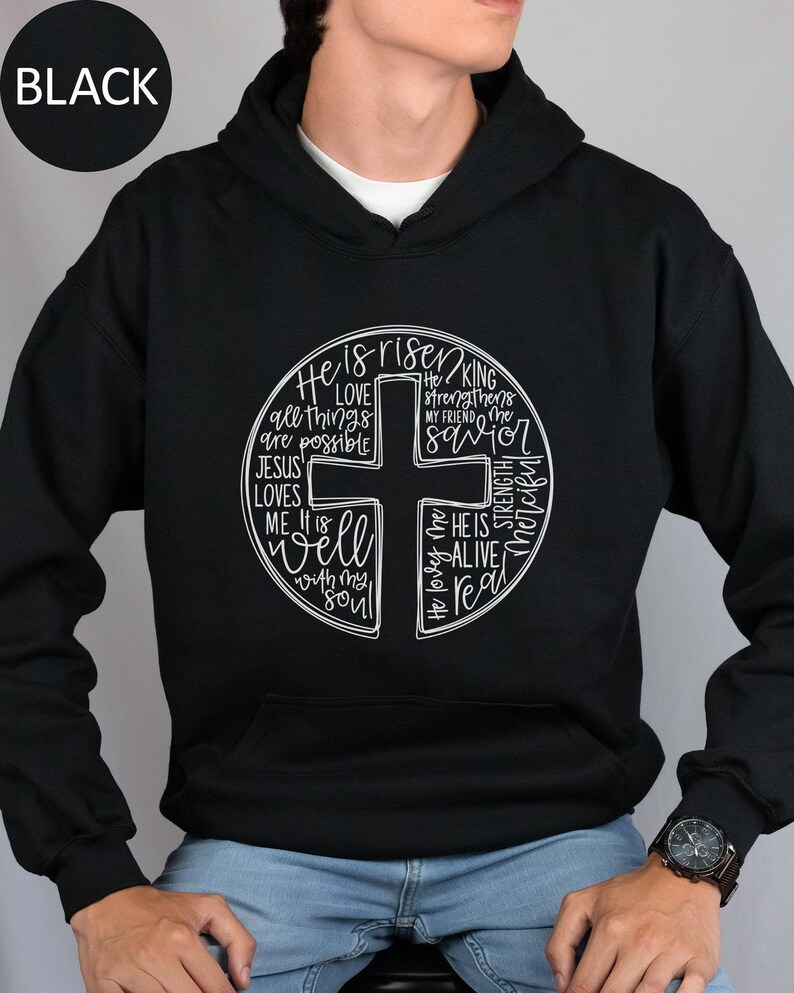 He Is Risen Sweatshirt, Easter Sweatshirt, Cross With Words Sweater, Jesus Lover Hoodie, Christian Cross Bible Verse Crewneck Sweatshirt image 3