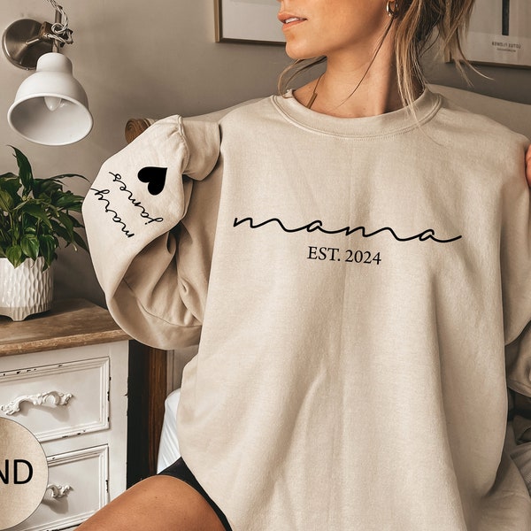 Personalized Mama Sweatshirt with Kids Names Sleeve Custom Momma Sweater Est Date Mom Sweatshirt Gift for Mother Childs Names on Sleeve